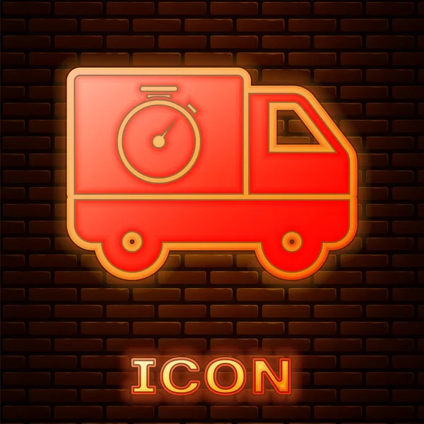 Brilhante neon Logística entrega caminhão e cronômetro ícone isolado no fundo da parede de tijolo. Ícone do prazo de entrega. Ilustração vetorial — Vetor de Stock