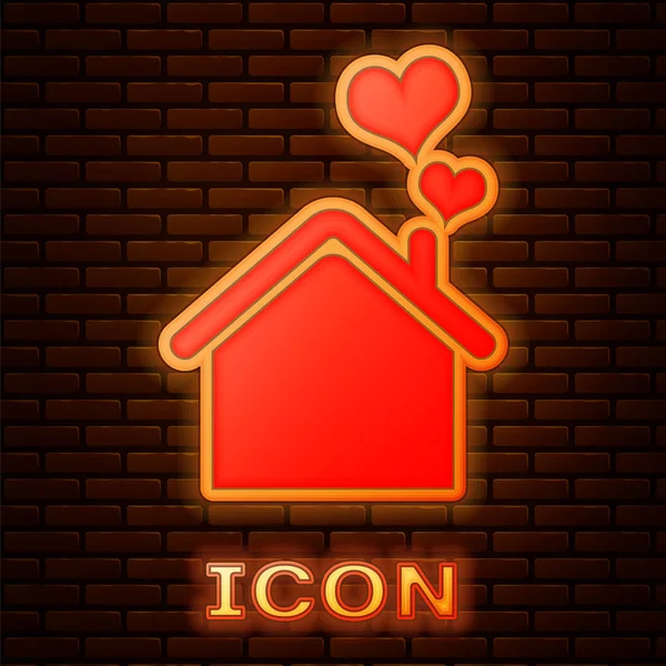 Casa de néon brilhante com ícone de forma de coração isolado no fundo da parede de tijolo. Adoro o símbolo de casa. Família, bens imóveis e realeza. Ilustração vetorial —  Vetores de Stock