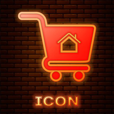 Tuğla duvar arka planda izole ev simgesi ile parlayan Neon alışveriş sepeti. Ev konsepti satın alın. Ev Kredi kavramı, kira, bir mülkiyet satın almak. Vektör Illustration