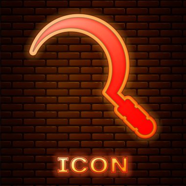 Parlak neon orak simgesi tuğla duvar arka plan üzerinde izole. Kanca işaretini yeniden takıyor. Vektör Illustration
