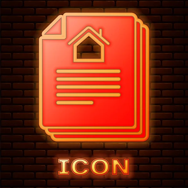 Zářící neon House kontrakt ikona izolované na cihlové zdi pozadí. Služba vytváření smluv, vytváření dokumentů, složení přihlášek. Vektorová ilustrace — Stockový vektor