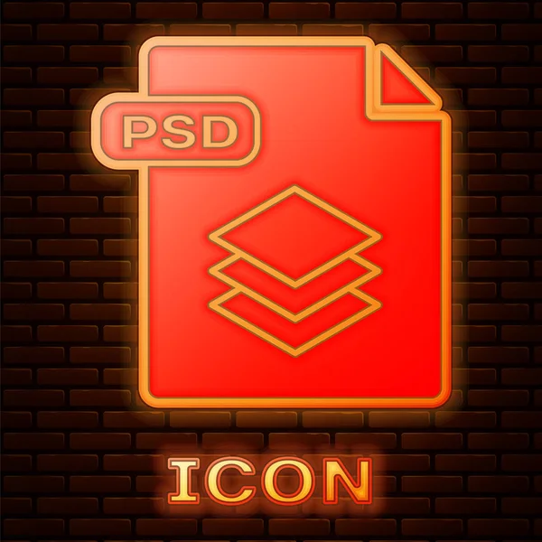Gloeiende neon PSD bestand document. Download PSD knoppictogram geïsoleerd op bakstenen muur achtergrond. PSD-bestand symbool. Vector illustratie — Stockvector