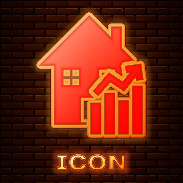 Zářící neonové stoupající náklady na ikonu bydlení izolované na pozadí cihlové zdi. Stoupající cena nemovitostí. Domácí graf roste. Vektorová ilustrace — Stockový vektor