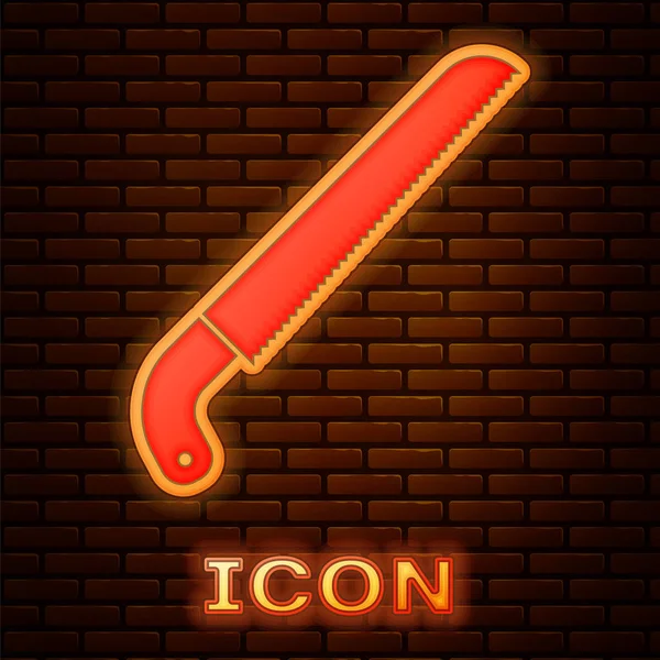 Glowing neon Garden saw icon isolated on brick wall background. Vector Illustration — Stock Vector