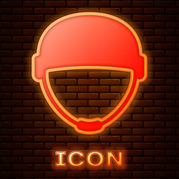 Glödande neon Militär hjälm ikon isolerad på tegel vägg bakgrund. Arméns hattsymbol för försvar och skydd. Skyddshatt. Vektor Illustration — Stock vektor