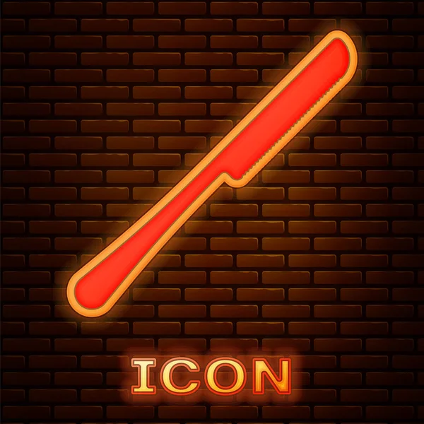 Icono de cuchillo de neón brillante aislado en el fondo de la pared de ladrillo. Símbolo de cubertería. Ilustración vectorial — Vector de stock