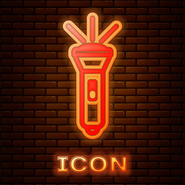Gloeiende neon zaklamp pictogram geïsoleerd op baksteen muur achtergrond. Vector Illustratie — Stockvector