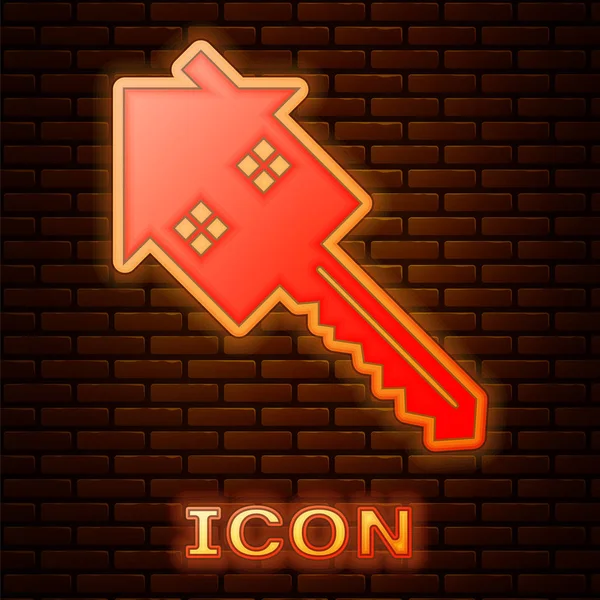 Casa al neon luminosa con icona chiave isolata su sfondo muro di mattoni. Il concetto della casa chiavi in mano. Illustrazione vettoriale — Vettoriale Stock