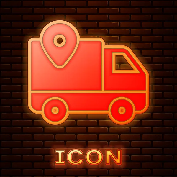Glödande Neon leverans spårnings ikonen isolerad på tegelvägg bakgrund. Paketspårning. Vektor illustration — Stock vektor