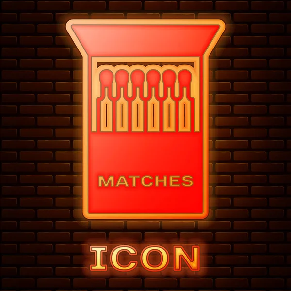 Brillante neon Open matchbox e fiammiferi icona isolata su sfondo muro di mattoni. Illustrazione vettoriale — Vettoriale Stock