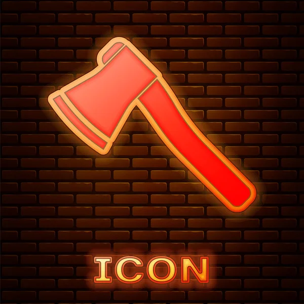 Glowing neon Wooden axe icon isolated on brick wall background. Lumberjack axe. Vector Illustration — Stock Vector