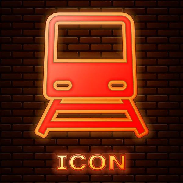 Glowing neon Train icon isolated on brick wall background. Public transportation symbol. Subway train transport. Metro underground. Vector Illustration — Stock Vector