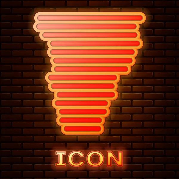 Parlayan neon tornado simgesi tuğla duvar arka planında izole edildi. Kasırga, kasırga, fırtına bacası, kasırga ya da hortum ikonu. Vektör İllüstrasyonu