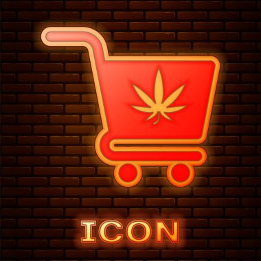 Tuğla duvar arka planda izole esrar veya esrar yaprağı simgesi ile parlayan Neon alışveriş sepeti. Online satın alma. Teslimat hizmeti. Süpermarket sepeti. Vektör Illustration