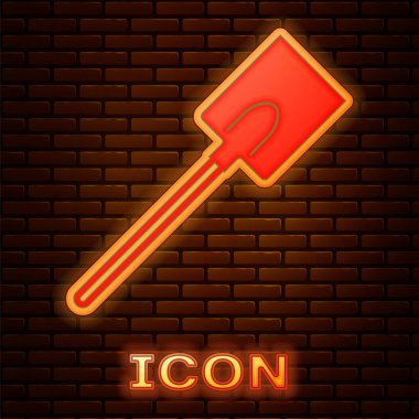 Parlayan Neon Bahçe kürek simgesi tuğla duvar arka plan üzerinde izole. Bahçe aracı. Bahçecilik, tarım, Tarım için araç. Vektör Illustration