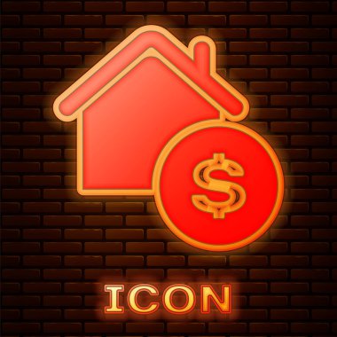 Tuğla duvar arka plan üzerinde izole dolar sembolü simgesi ile parlayan Neon ev. Ev ve para. Gayrimenkul konsepti. Vektör Illustration