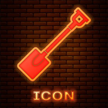 Parlayan Neon Bahçe kürek simgesi tuğla duvar arka plan üzerinde izole. Bahçe aracı. Bahçecilik, tarım, Tarım için araç. Vektör Illustration