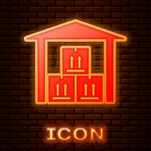 Leuchtende Neon-Lagerhaus-Symbol isoliert auf Backsteinwand Hintergrund. Vektorillustration — Stockvektor