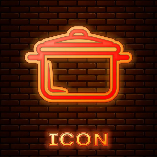 Icona luminosa al neon Cooking pot isolato su sfondo muro di mattoni. Bollire o stufato cibo simbolo. Illustrazione vettoriale — Vettoriale Stock
