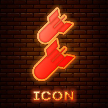 Parlayan Neon Havacılık bomba simgesi tuğla duvar arka plan üzerinde izole. Roket bombası uçuyor. Vektör Illustration