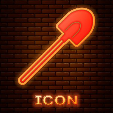 Parlayan Neon Bahçe kürek simgesi tuğla duvar arka plan üzerinde izole. Bahçe aracı. Bahçecilik, tarım, Tarım için araç. Vektör Illustration