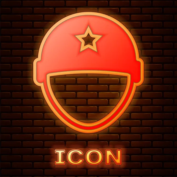Icona luminosa al neon Casco militare isolato su sfondo muro di mattoni. Cappello militare simbolo di difesa e protezione. Cappello protettivo. Illustrazione vettoriale — Vettoriale Stock