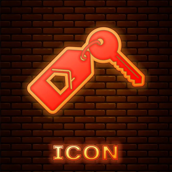 Tuğla duvar arkasında kilit simgesi olan parlak neon bir ev. Ev anahtarının konsepti. Vektör İllüstrasyonu