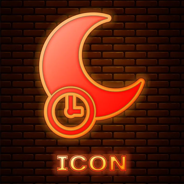 Lumineux néon Icône de lune endormie isolée sur fond de mur de briques. Illustration vectorielle — Image vectorielle