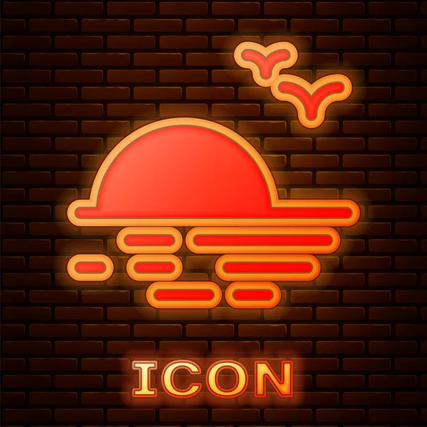 Świecąca neonowa ikona zachodu słońca odizolowana na ceglanym tle ściany. Ilustracja wektora — Wektor stockowy