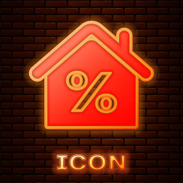 Glowing neon House with percant discount tag icon isolated on brick wall background. House percentage sign price. Real estate home. Credit percentage symbol. Vector Illustration — Stock Vector