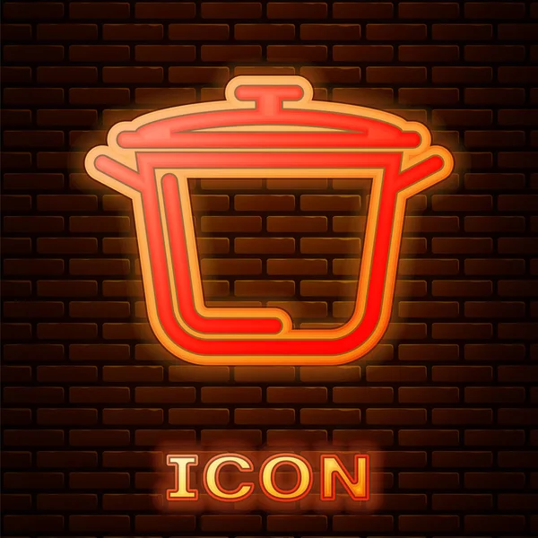 Glödande neon Matlagning potten ikon isolerad på tegel vägg bakgrund. Koka eller gryta mat symbol. Vektor Illustration — Stock vektor