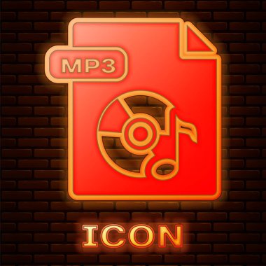 Parlayan Neon MP3 dosyası belgesi. Download MP3 düğmesi simge tuğla duvar arka planda izole. MP3 müzik formatı işareti. MP3 dosya sembolü. Vektör Illustration