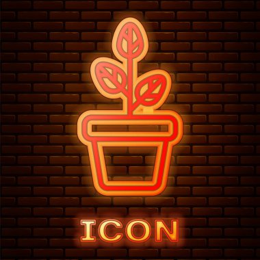 Parlayan Neon çiçekler pot simgesi tuğla duvar arka planda izole. Bitki bir tencerede büyüyor. Potted bitki işareti. Vektör Illustration