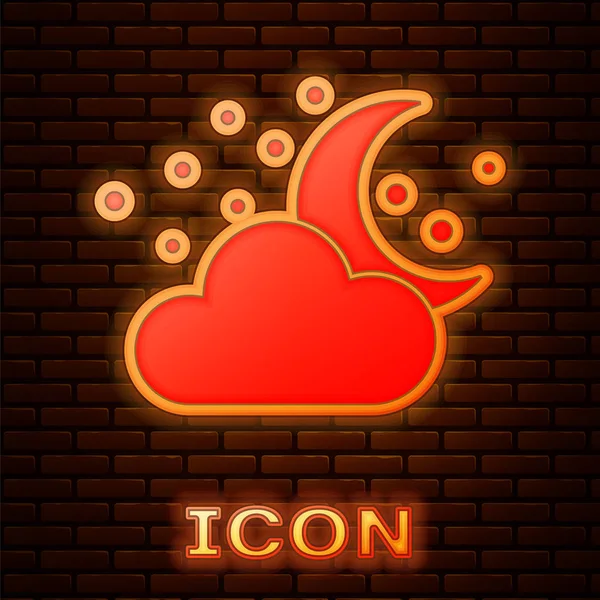 Glowing neon Cloud with moon and stars icon isolated on brick wall background. Cloudy night sign. Sleep dreams symbol. Night or bed time sign. Vector Illustration — Stock Vector