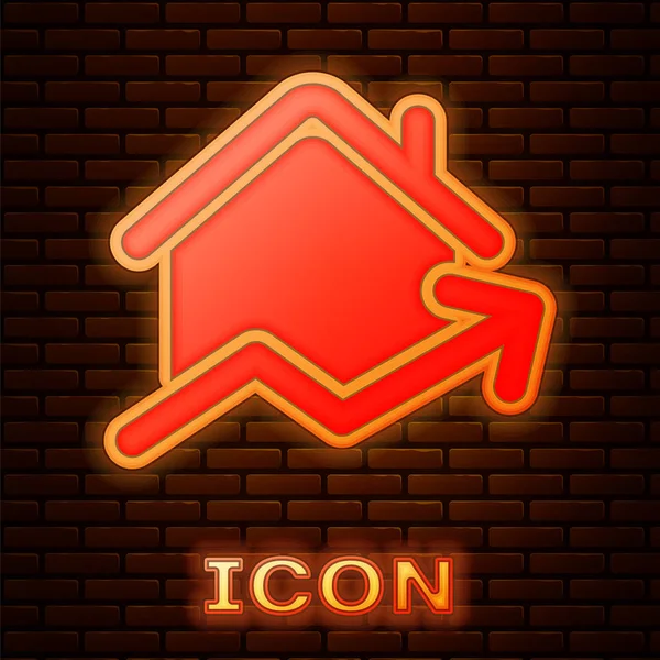Neon incandescente Costo crescente dell'icona abitativa isolato su sfondo muro di mattoni. Aumento del prezzo degli immobili. Aumenta il grafico residenziale. Illustrazione vettoriale — Vettoriale Stock