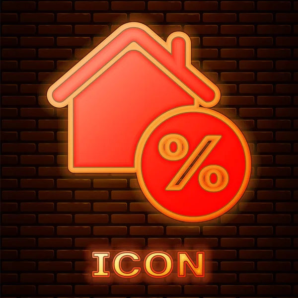 Glowing neon House with percant discount tag icon isolated on brick wall background. House percentage sign price. Real estate home. Credit percentage symbol. Vector Illustration — Stock Vector
