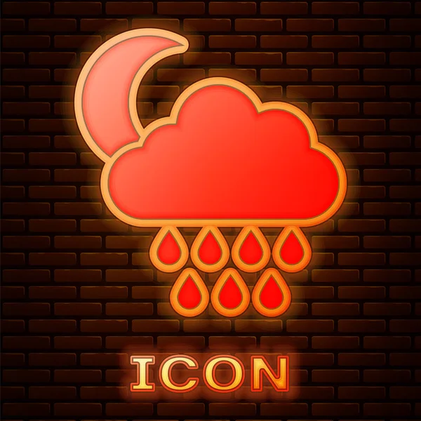 Nuvem de néon brilhante com ícone de chuva e lua isolado no fundo da parede de tijolo. Precipitação de nuvens de chuva com gotas de chuva. Ilustração vetorial —  Vetores de Stock