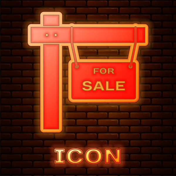 Светящийся неоновый висячий знак с текстом Для продажи иконка изолирована на фоне кирпичной стены. Доска с текстом "Продается". Векторная миграция — стоковый вектор