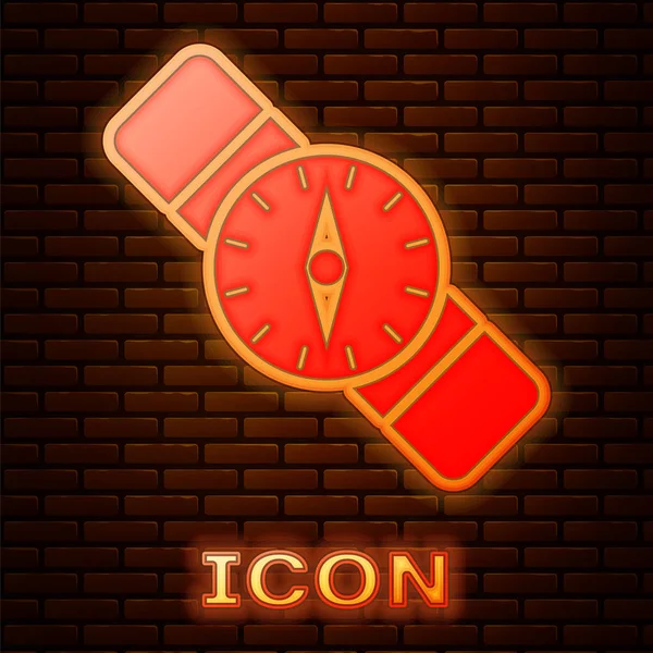 Glowing neon Compass icon isolated on brick wall background. Windrose navigation symbol. Wind rose sign. Vector Illustration — Stock Vector