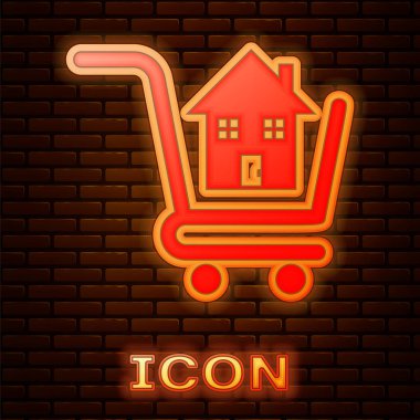 Tuğla duvar arka planda izole ev simgesi ile parlayan Neon alışveriş sepeti. Ev konsepti satın alın. Ev Kredi kavramı, kira, bir mülkiyet satın almak. Vektör Illustration