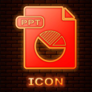 Parlayan Neon PPT dosya belgesi. Tuğla duvar arka planda izole Download PPT düğmesi simgesi. PPT dosya sunumu. Vektör Illustration
