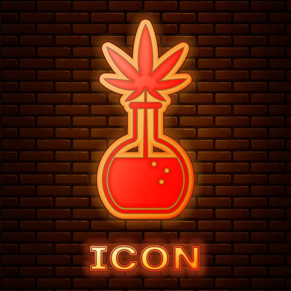 Gloeiende neon chemische reageerbuis met marihuana of cannabis blad pictogram geïsoleerd op bakstenen muur achtergrond. Onderzoeksconcept. Laboratorium CBD olie concept. Vector illustratie — Stockvector