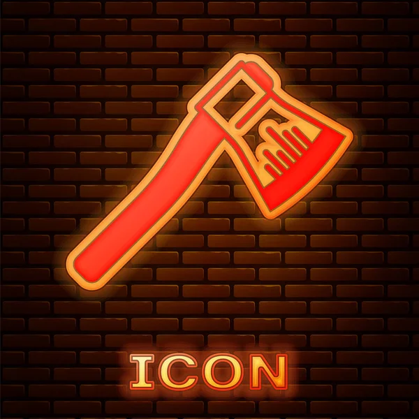 Glowing neon Wooden axe icon isolated on brick wall background. Lumberjack axe. Vector Illustration — Stock Vector