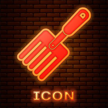 Parlak neon Bahçe çatal simgesi tuğla duvar arka planda izole. Pitchfork simgesi. Bahçecilik, tarım, Tarım için araç. Vektör Illustration
