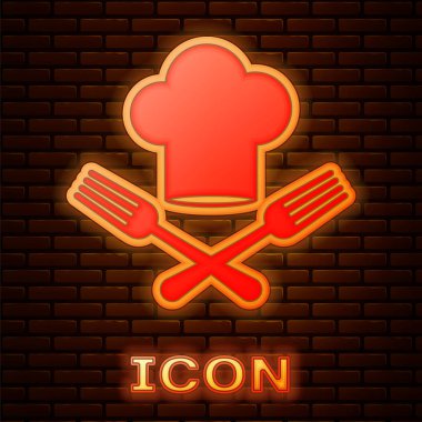 Parlayan Neon Chef şapka ve tuğla duvar arka planda izole çatal simgesi geçti. Pişirme sembolü. Restoran Menüsü. Aşçı şapkası. Vektör Illustration