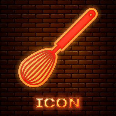 Parlayan Neon mutfak fırçalama simgesi tuğla duvar arka plan üzerinde izole. Yemek Eşyası, yumurta çırpıcı. Çatal bıçak işareti. Gıda karışımı sembolü. Vektör Illustration