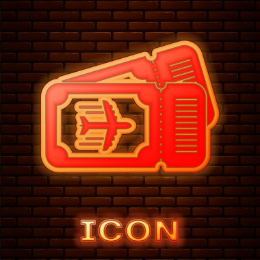 Parlayan Neon havayolu bilet simgesi tuğla duvar arka plan üzerinde izole. Uçak bileti. Vektör Illustration