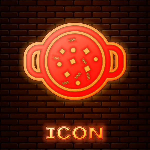 Brillante neón Sopa de cocina en maceta icono aislado en el fondo de la pared de ladrillo. Hervir o guisar el símbolo de la comida. Ilustración vectorial — Vector de stock