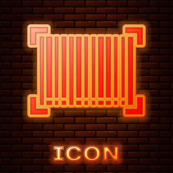 Lumineux néon icône de code-barres isolé sur fond de mur de briques. Illustration vectorielle — Image vectorielle