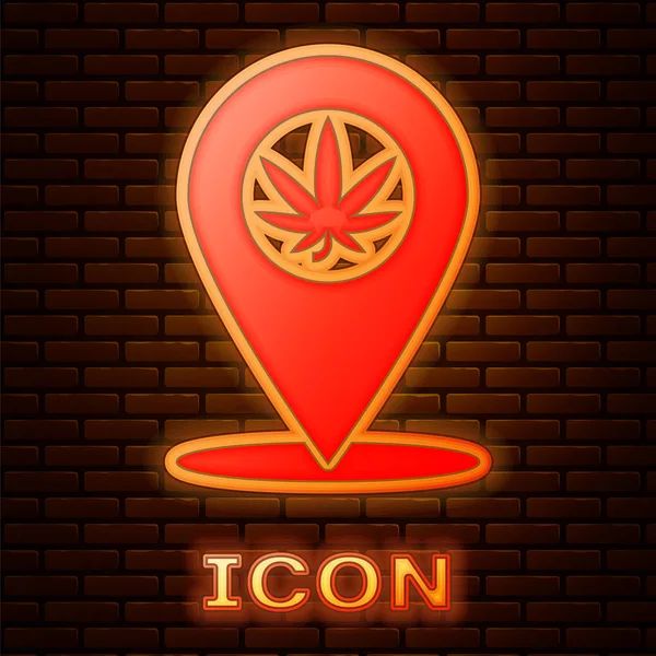 Puntero de mapa de neón brillante y marihuana o icono de hoja de cannabis aislado en el fondo de la pared de ladrillo. Un símbolo de cáñamo. Ilustración vectorial — Vector de stock